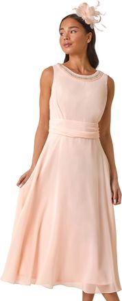 Roman Womens Petite Trim Detail Ruched Midi Dress - Pink - Size 14 UK