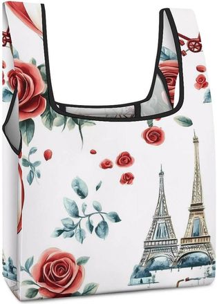 Generic Eiffel Tower Paris Flowers Bicycle Shopping Bag Reusable Grocery Tote Bag Foldable Handbag for Travel Picnic