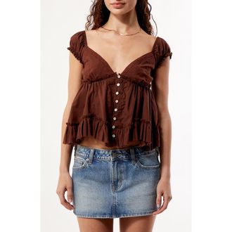 PacSun Ellie Lace Trim Embroidered Bodice Smocked Back Cotton Top in Brown at Nordstrom, Size Xx-Small