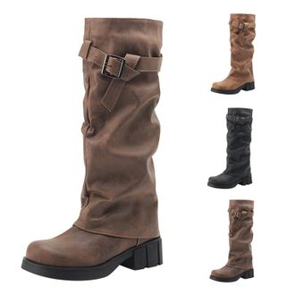 Generic Womens Long Riding Boots Cow Boy Boots Womens Long Suede Chunky Low Block Boot With Buckle Retro Knee-High Boot Tall Cowgirl Booties Comfortable Winte