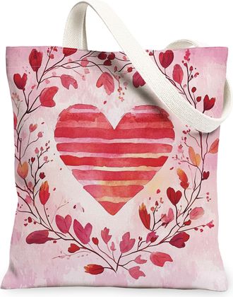 Generic Heart Floral Canvas Tote Bags, Leaf Pattern Reusable Grocery Bags, Spring Vintage Chic Lightweight Washable for Outdoor Travel Picnic 13x15 Inch