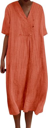 Generic Plus Size Summer Dresses Womens Vintage Solid Color Casual Flowing Dress with Pockets Fashionable Temperament V Neck Comfy Soft Breathable Loose Fit C