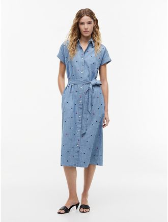 Tommy Hilfiger Womens Allover Star Belted Chambray Shirtdress - Blue - XL