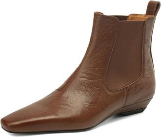 TinaCus Genuine Leather & Elastic Handmade Wedge Heels Square Toe Womens Slip On Ankle Boots, Brown, 5 UK