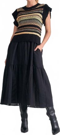 Elan Knit Top Midi Crew Neck Woven Top Dress In Black