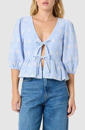 All in Favor Embroidered Gingham Peplum Cotton Blend Top in Blue Gingham at Nordstrom Rack, Size X-Small