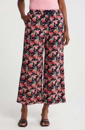 Caslon Pull-On Crop Wide Leg Linen Blend Pants in Navy-Coral Small Autumn Floral at Nordstrom Rack, Size Xx-Small