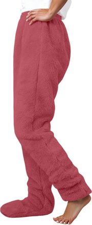 Generic Womens Thermal Fleece Sleep Pants with Built-in Socks for Ultimate Winter Warmth and Comfort Loose Fit Ankle Knee Pajama Bottoms (Red, M)
