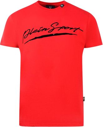 Plein Sport Mens Brand Signature Logo Red T-Shirt Cotton - Size Small