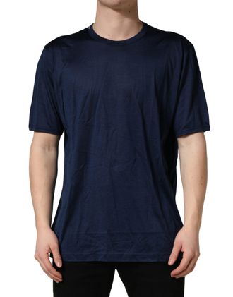 Dolce & Gabbana Dark Blue Silk Short Sleeve CrewNeck Mens T-shirt