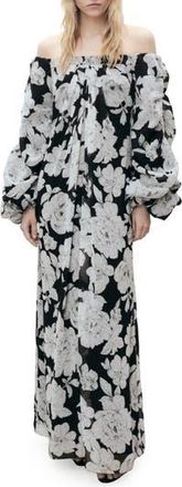 Mango Floral Off the Shoulder Long Sleeve Maxi Dress in Black at Nordstrom Rack, Size 8