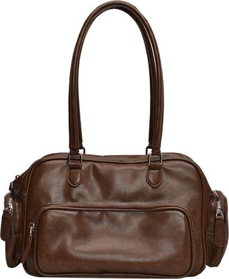 Generic Shoulder Bag for Women with Multi-Pockets Tote Bag PU Leather with Zipper Hobo Bag Solid Color Handbag for Work Travel (Brown)