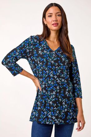 Roman Floral Print V-Neck Stretch Tunic Top