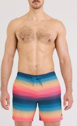 Saxx Oh Buoy 2N1 7-Inch Volley Swim Trunks in Hazy Stripe-Sunset at Nordstrom, Size Medium