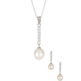 Splendid Pearls Dangling CZ & 8-9mm Pearl Necklace & Earrings Set in Natural White at Nordstrom Rack