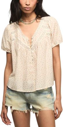 Lucky Brand Lace Henley Peasant Top in Cream Floral at Nordstrom, Size Large