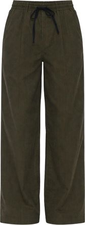 Pomandere Military Green Striped Cotton Loose-Fit Straight-Leg Pants