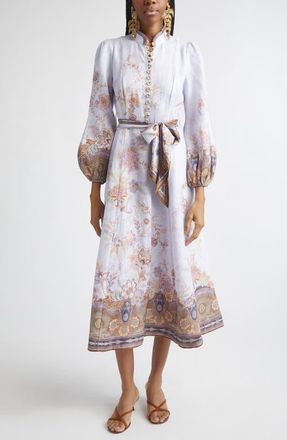 Zimmermann Luna Paisley Print Long Sleeve Linen Midi Dress in Blue Paisley at Nordstrom, Size 1