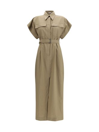 Brunello Cucinelli Womens Midi Dress Pocket-Belted Earth Brown Cotton