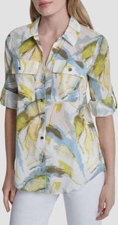 DKNY Printed Roll-Tab Cuff Cotton Button-Up Shirt in March Watercolor at Nordstrom, Size X-Large