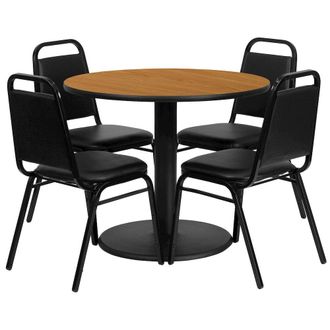 Flash Furniture 36 Natural Table Set with Base and 4 Black Trapezoidal Back Banquet Chairs