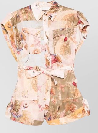 Zimmermann linen short-sleeve belted playsuit