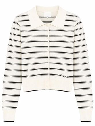 A.P.C. Cropped Polo Collar Intricate Striped Cotton Cardigan