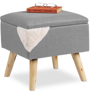 Relaxdays Relaxdays Storage Ottoman, Faux Linen Cover, Padded, Wooden Legs, Lidded Seat, HWD 40x40x40 cm, Light Grey