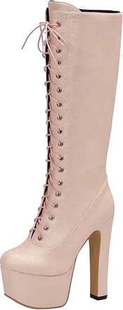 Generic Womens Lace Up Knee High Boots Round Toe Platform Ultra High Heel Party Long Booties Plus Size