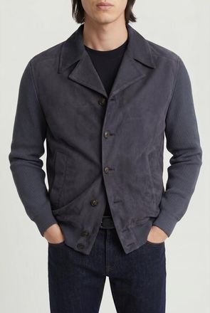 Brunello Cucinelli Dark Blue Leather Knit Jacket, Size X-Small