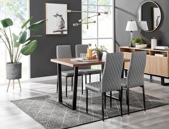 Furniturebox Kylo Brown Wood Effect Dining Table With Black U Legs & 4 Milan Faux Leather Chairs in Grey