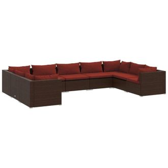 vidaXL Set Muebles De Jard&iacute;n 9 Piezas Y Cojines Rat&aacute;n Sint&eacute;tico Marr&oacute;n Vidaxl