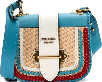 Prada Prada Cahier Rounded Leather and Straw Small crossbody bag - Blu