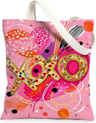 Generic ValentineS Day Colorful Canvas Tote Bags, Heart Pattern Reusable Grocery Bags, Modern Lightweight Washable Shoulder Strap, Peach, 13x15 Inch