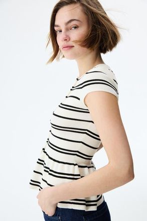 H&M Short-sleeved Peplum Cardigan in Cream/striped at Nordstrom, Size X-Large