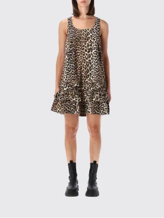 Ganni Off-the-Shoulder Animalier Organic Cotton Mini Dress