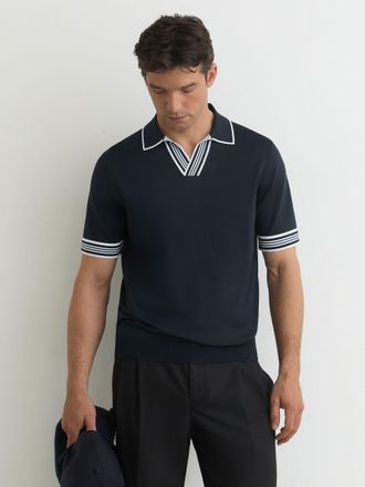 Reiss Navy Tipped Open-collar Knitted Polo Shirt, Xxl