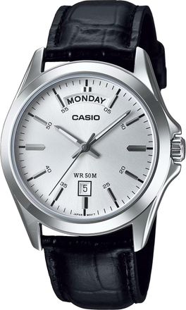 Casio Mens Silver Dial Analog Watch with Black Leather Band - MTP-1370L-7AVDF