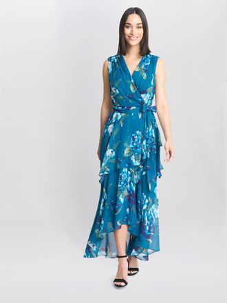 Gina Bacconi Womens Tamara Printed Sleeveless Maxi Dress With Belt - Teal - Size 14 UK