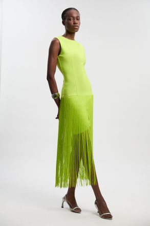 Karen Millen Womens Figure Form Bandage Tassel Hem Knitted Dress - Lime Green - Size 14 UK