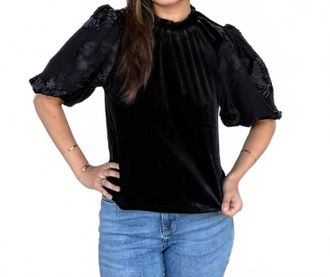 THML Clothing Floral Embroidered Puff Sleeve Velvet Top In Black