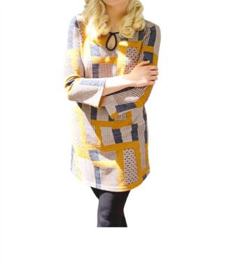 Papillio Geometric Print Keyhole 3/4 Sleeve A-Line Dress In Mustard