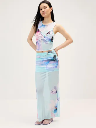 Twik Womens Watercolour floral mesh maxi skirt