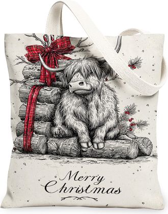 Generic Christmas Animal Canvas Tote Bags, Rustic Cow Design Reusable Grocery Bags, Holiday Lightweight Washable Shoulder Strap Can, Beige, 13x15 Inch