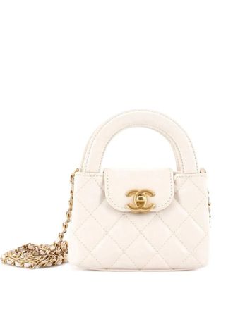 Chanel Kelly Top Handle Shopping Bag Quilted Shiny Aged Calfskin Nano crossbody bag - Wit