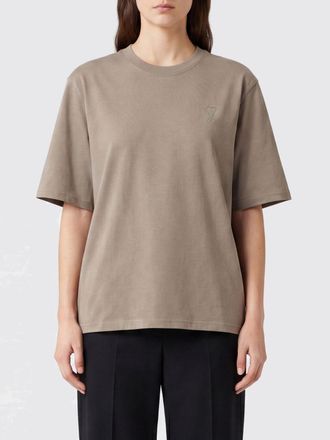 Ami Beige Cotton T-shirt with Crew Neck and Dropped Shoulders