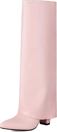 Generic Womens Chunky High Heel Long Boots Pointed Toe Knee High Boots PU Leather Retro Tall Boot with Side Zipper,Pink,5.5 UK