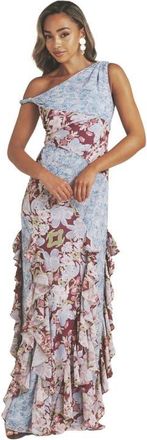 Six Stories Floral Print Twist Detail Ruffle Dress in Pale Blue at Nordstrom, Size 10