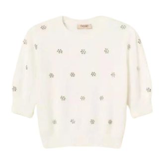 Twinset Round-neck Knitwear, female, White, Size: S Angora Floral Sweater