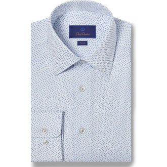David Donahue Trim Fit Twill Tossed Box Print Dress Shirt in White/Blue at Nordstrom, Size 15.5 - 32